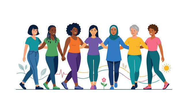 Diverse group of women walking together arm in arm celebrating unity and friendship Vector