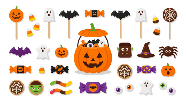 Halloween Candy And Decorations Collection With Pumpkin Basket And Spooky Characters Vector