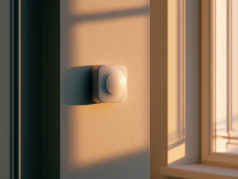 Minimalist Wall Temperature Sensor in Golden Hour Sunlight, Home Interior