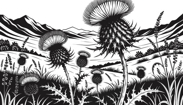 Very beautiful black-and-white engraved vector illustration featuring Milk Thistle seed heads standing prominently across a wild meadow landscape, with rolling hills, distant mountain ranges, and refi