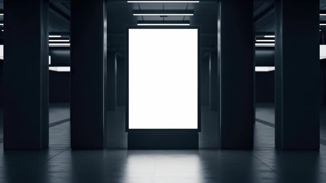 Blank illuminated billboard mockup in a dark underground subway station corridor, empty advertising poster display with copy space for public transport marketing video