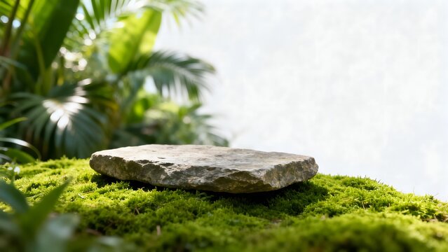 Flat stone on mossy ground with green plants