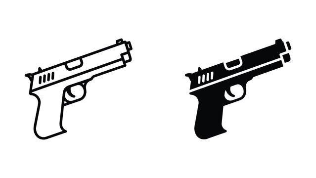 Semi-automatic pistol handgun weapon vector icon in outline and solid black silhouette design