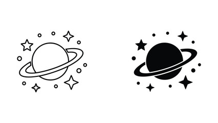 Planet Saturn with rings and stars vector icon illustration in outline and solid black style set © Fatema