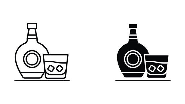 Alcoholic drink bottle and glass with ice cubes line and silhouette icons vector illustration set