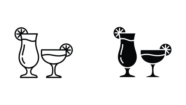 Tropical cocktail in hurricane glass and margarita glass vector icons in line and solid black style