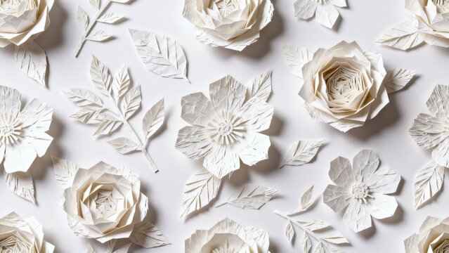 White paper flowers and leaves on white background