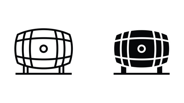 Classic wooden barrel icon in outline and solid black style for winery and beverage industry