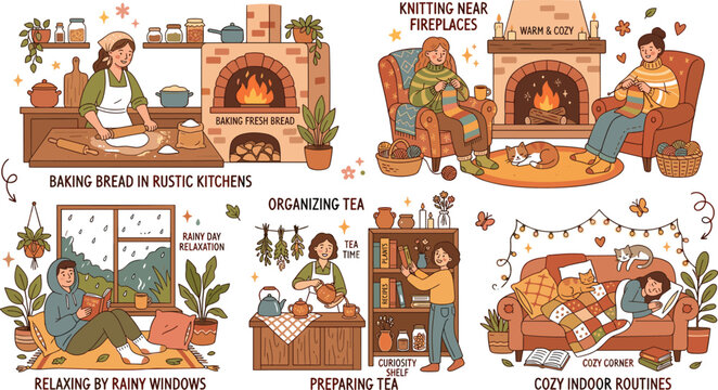 Cozy Hygge Lifestyle Vector Element Set Featuring Autumn Comfort Baking Bread Knitting Fireplace Preparing Tea and Rainy Window Scene Illustrations on White Background