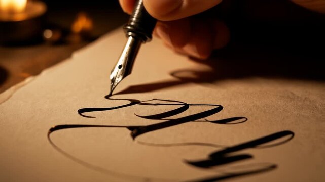 Elegant Fountain Pen Crafts Beautiful Calligraphy on Textured Parchment Paper with Warm Candlelight Illuminating the Creative Process