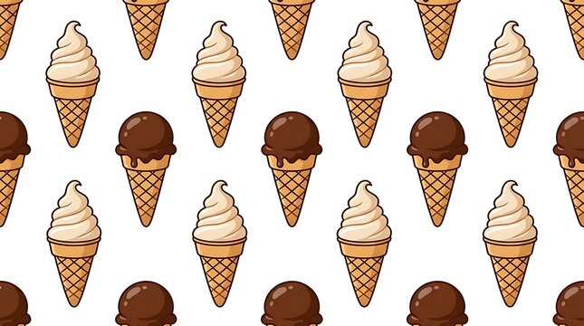 Seamless pattern with various delicious chocolate and vanilla ice cream cones on a clean surface