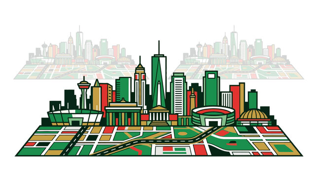 Boston city skyline vector illustration with famous landmarks and map grid on white background. EPS Editable