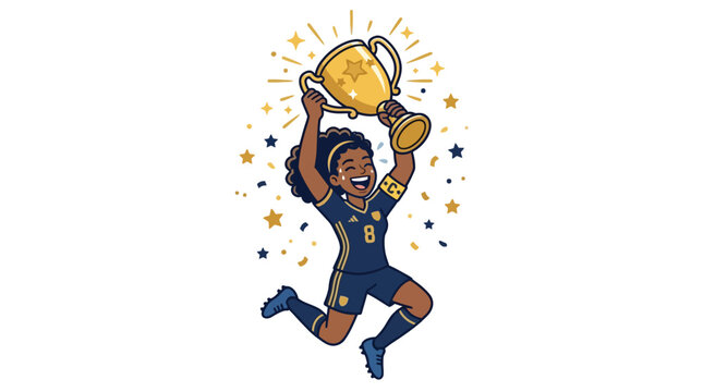 Cartoon illustration of a happy female soccer player jumping and holding a golden trophy cup in celebration. EPS Editable
