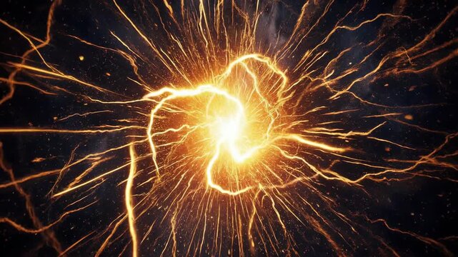 Glowing orange energy sphere with lightning, sparks and plasma shockwave on dark futuristic background, abstract VFX power explosion for magic, sci fi, gaming and technology visuals