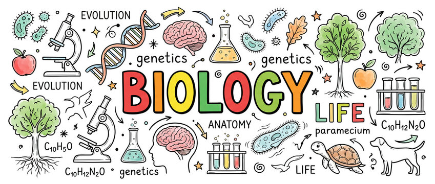 Doodle art featuring colorful, fun, hand-drawn, handmade icons with themes of biology, evolution, genetics, and anatomy, set against a white background.