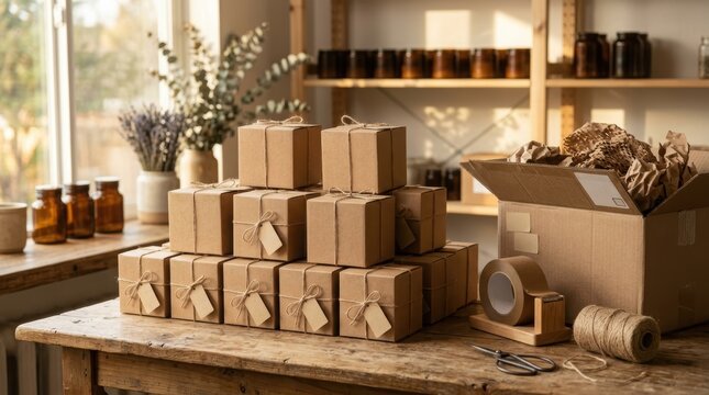 Stack of cardboard gift boxes on a wooden table. Small packages tied with twine for parcel shipment. E-commerce business packaging craft for hobby shop and handmade product delivery.