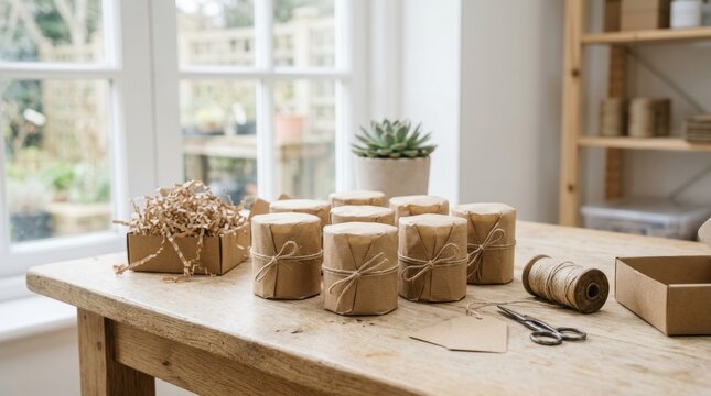 Small business owner wrapping handmade soap in brown craft paper. Sustainable packaging process for natural skincare product in workshop. Eco friendly gift preparation on wooden table.