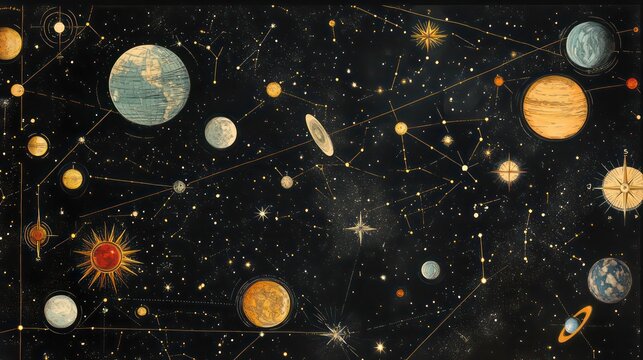 A vintage celestial map showcasing constellations, planets, and stars on a black background, perfect for astronomy enthusiasts.