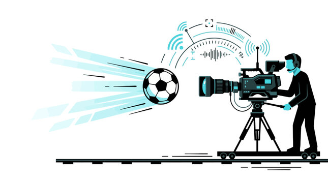 Illustration of a cameraman filming a fast soccer ball with digital tracking technology and broadcasting signals. EPS Editable