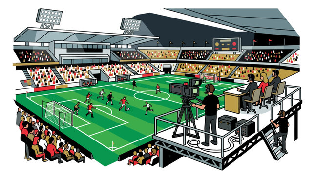 Illustration of a live television broadcast crew filming a football match inside a crowded stadium. EPS Editable
