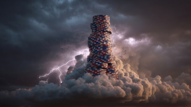 Tower of stacked gambling chips spiraling from billowing clouds under dramatic lightning storm