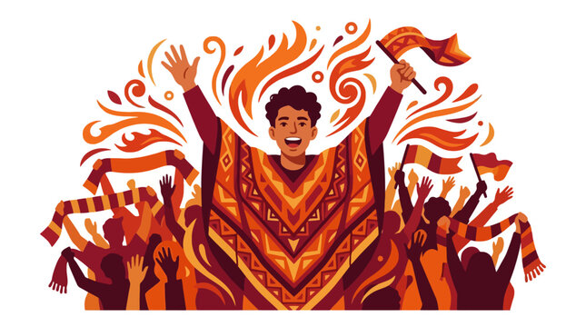 Joyful man in traditional poncho celebrating with crowd waving flags and scarves illustration. EPS Editable