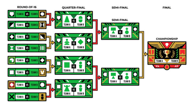 Pixel art tournament bracket diagram showing playoff stages from round of sixteen to championship final. EPS Editable