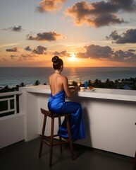 Fototapeta premium Woman in blue dress watches sunset from balcony with drink and food. Use: travel advertisement, resort brochure, lifestyle magazine.