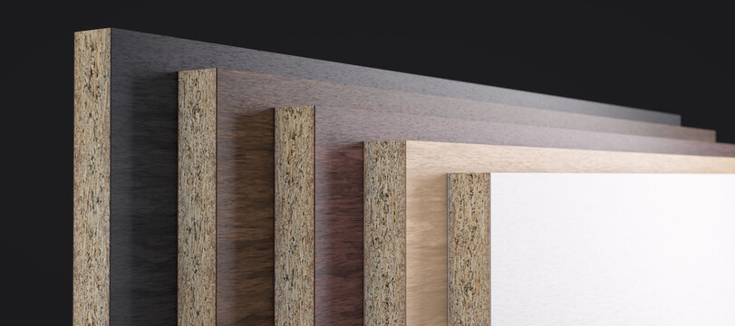 Sample banner of different types of particleboard finishes. CGI.