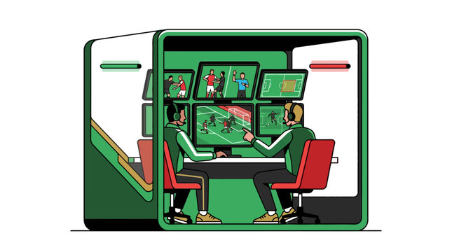 Vector illustration of video assistant referees analyzing a soccer match in a VAR control room booth. EPS Editable