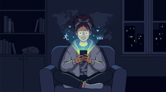 Young woman addicted to smartphone screen glowing in dark room at night vector illustration. EPS Editable