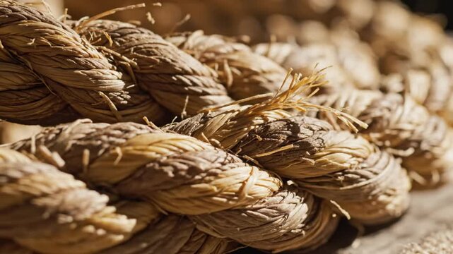 Close up view of coiled natural rope fibers with highlights and shadows, detail for background