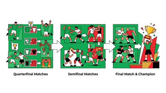 Soccer tournament bracket infographic showing progression from quarterfinal to semifinal and final match champion. EPS Editable