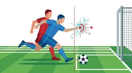 Naklejka premium Vector illustration of soccer players running towards the ball with virtual offside line technology. EPS Editable