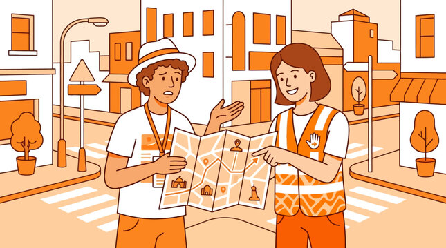 Vector illustration of a tourist asking a local guide for directions on a city street using a paper map. EPS Editable