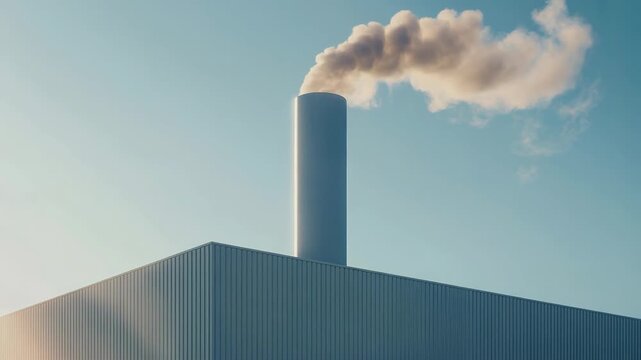 industrial factory smokestack emitting smoke against blue sky, air pollution, carbon emissions, climate change and global warming concept