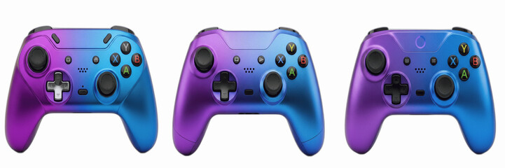 Isolated set of ergonomic metallic blue wireless console gamepads joysticks on white background, 3d electronic video game controller hardware collection for digital gaming entertainment concept © khan zamna