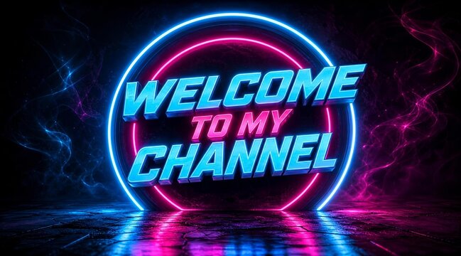 Neon Welcome to My Channel text on abstract dark background with blue and pink glowing lights