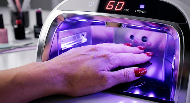 LED UV Lamp Nail Curing, сlose-up of female hand inside UV nail lamp, gel polish curing process, gel polish polymerization process, glowing ultraviolet light, reflective glossy nails, beauty salon