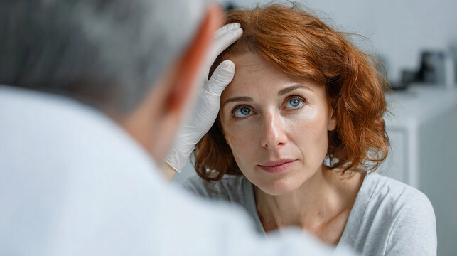 A red-haired woman with diffuse hair loss is seen by a trichologist for an initial examination