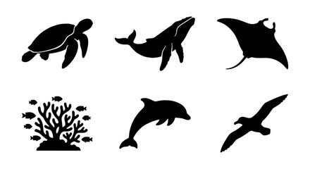 Marine Life Silhouettes: Whale, Dolphin, Turtle, Manta Ray, Coral Reef, Seagull Icons, Ocean Creatures Vector Set © Asif