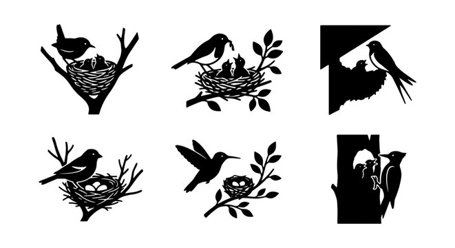 Bird Nest Vector Icons Set: Avian Family Life, Nature Scenes, Wildlife Silhouettes, Spring Themes, Cute Baby Birds