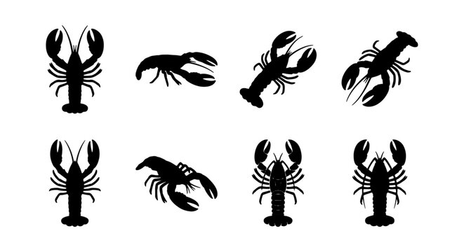 Set of 8 Black Lobster Silhouettes, Seafood Icons, Marine Life Vector Graphics, Culinary Art Elements