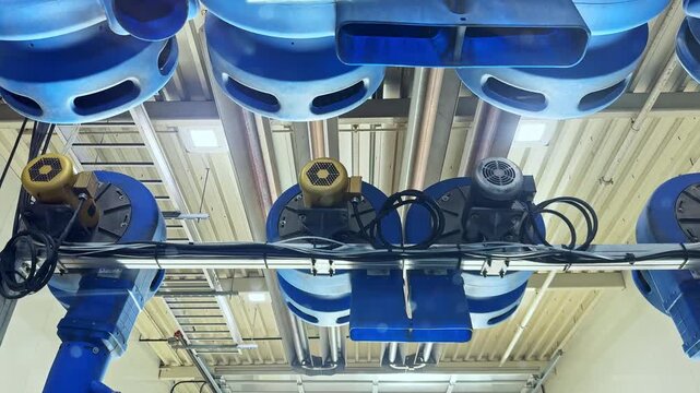 Machines with blue components are aligned in rows inside a factory. They seem to be engaged in operation, showcasing their intricate design and function.