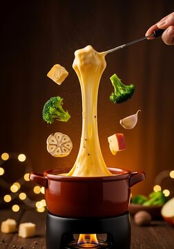 Traditional swiss cheese fondue pot with melting dipping vegetables in air.