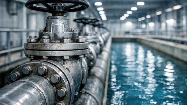 Heavy duty water pipeline with large metal valves and filtration tanks at modern treatment plant, industrial facility video for purification, infrastructure, engineering and utility services