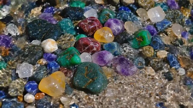 Colorful gemstone pebbles with water ripples on sandy beach in bright sunlight