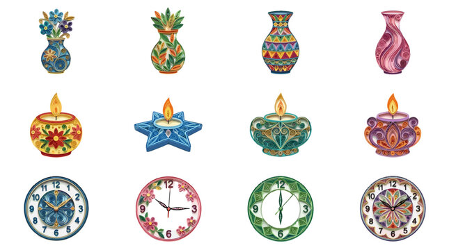 Collection of colorful decorative vases and clocks