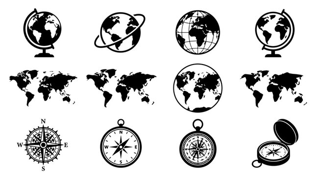 Collection of world globes and maps with various designs and styles