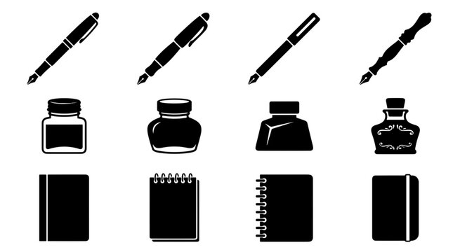 Collection of black ink pens ink bottles and notepad